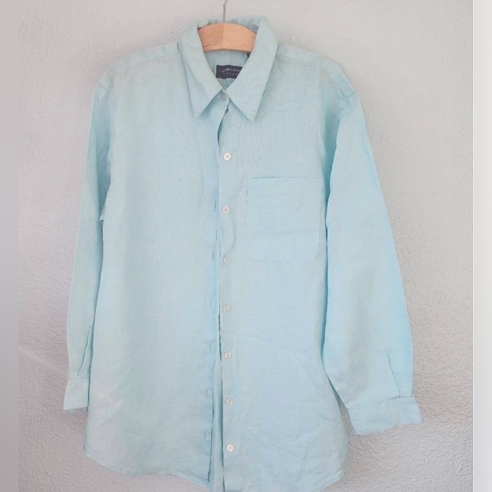 Liz Claiborne LizSport 100% Linen Button-Front Tunic Shirt Aqua Blue Size L